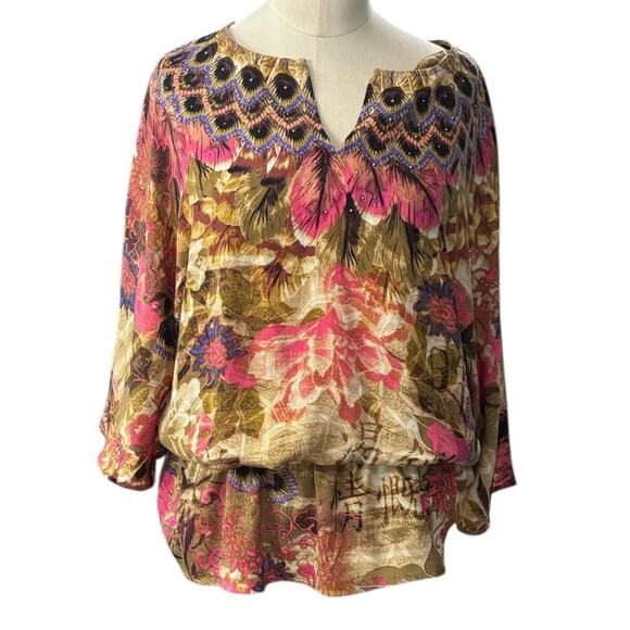 Chico's Boho Feather Print NEW Blouson beaded tunic blouse size 1/MEDIUM - Picture 3 of 13